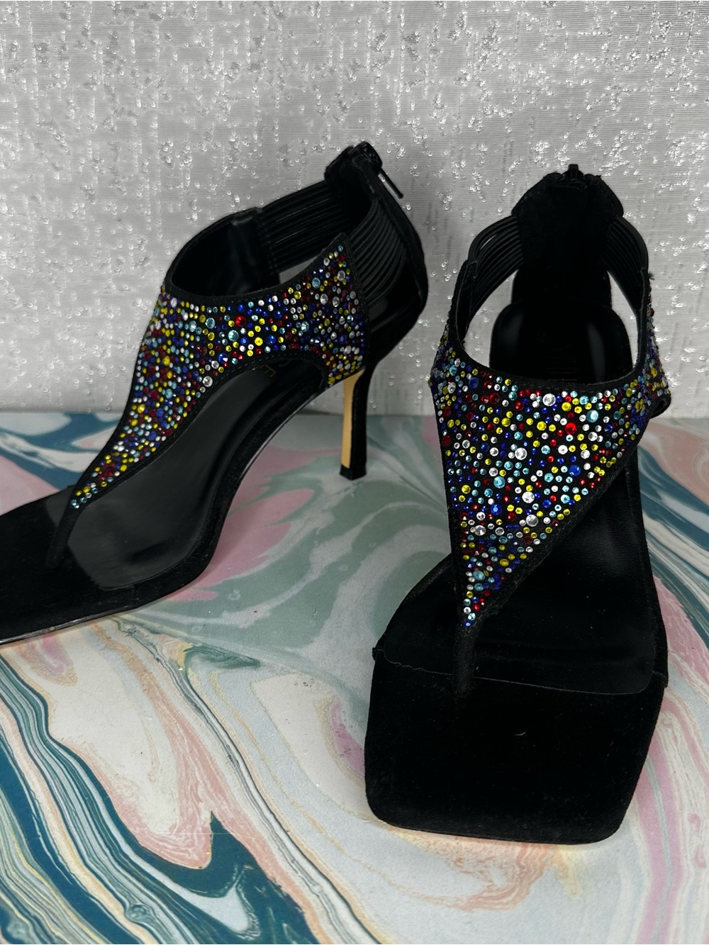 Rouge! Black Heeled Sandals with Multicolor Rhinestones
